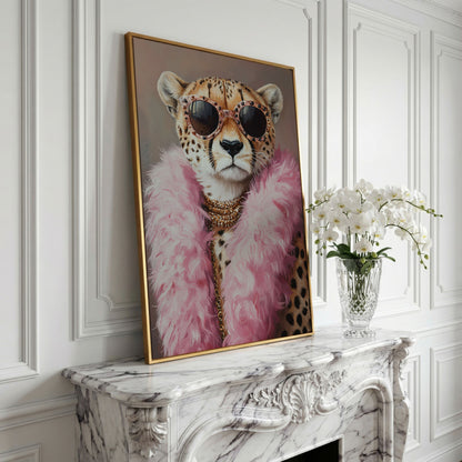 Leopard in Pink Boa and Sunglasses Canvas Print in yellow gold floating frame
