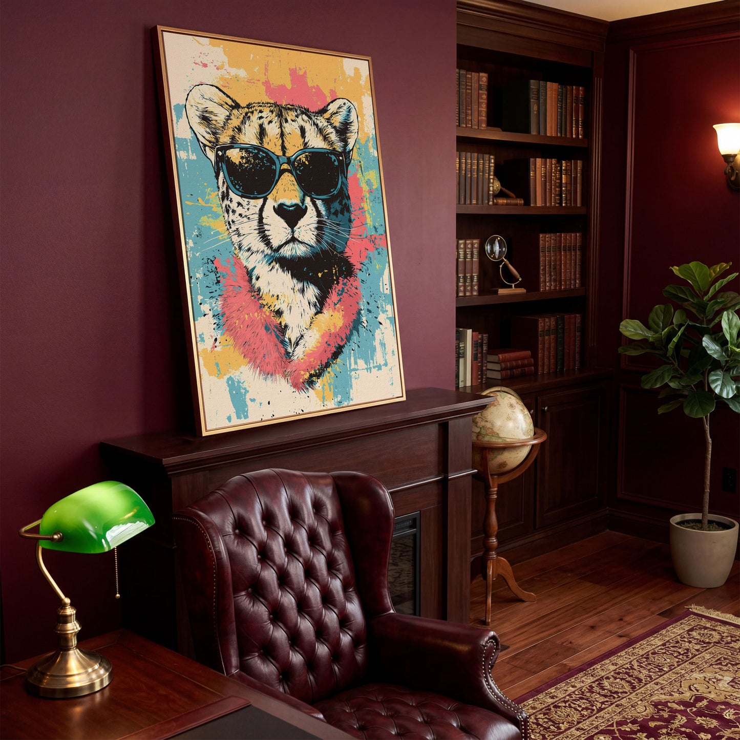 Stylish Cheetah with Sunglasses and Pastel Splatter Canvas in antique gold floating frame
