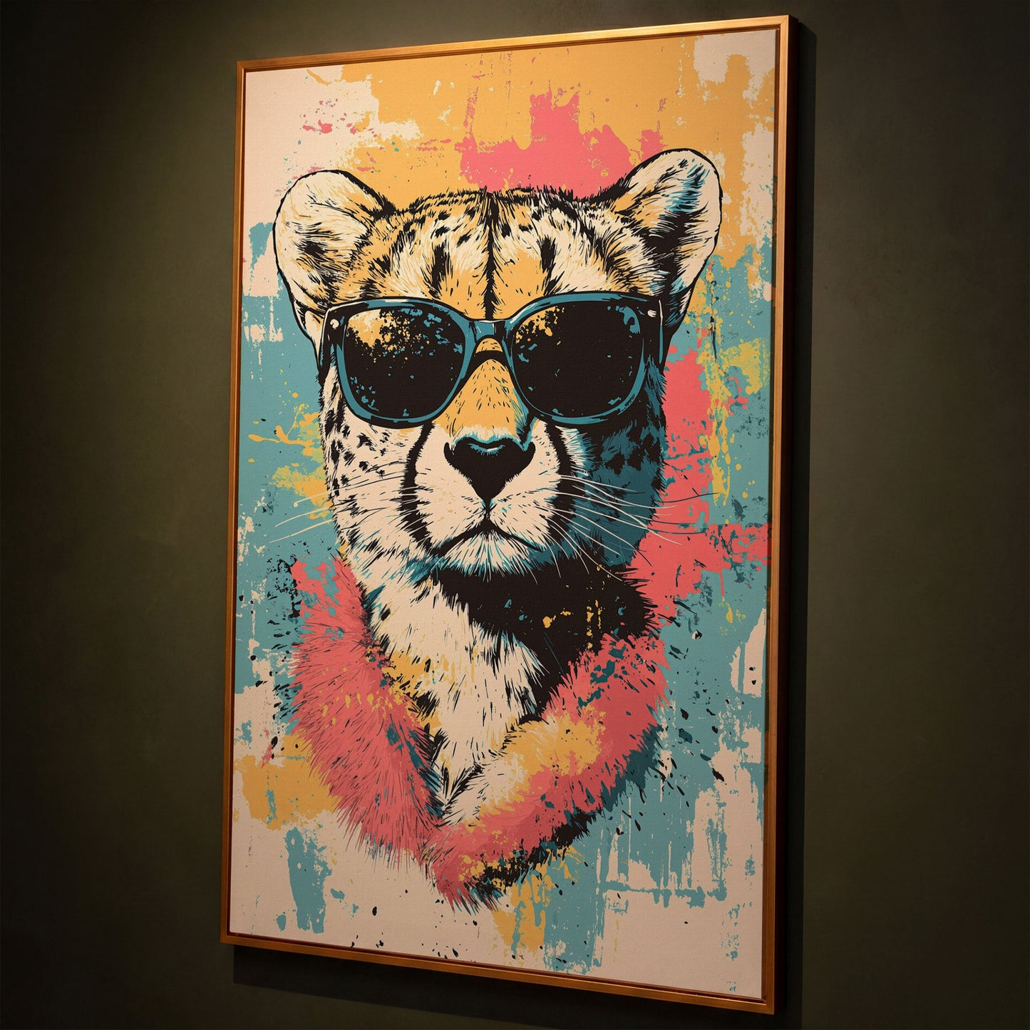 Stylish Cheetah with Sunglasses and Pastel Splatter Canvas shown in antique gold floating frame