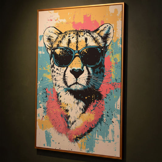 Stylish Cheetah with Sunglasses and Pastel Splatter Canvas shown in antique gold floating frame