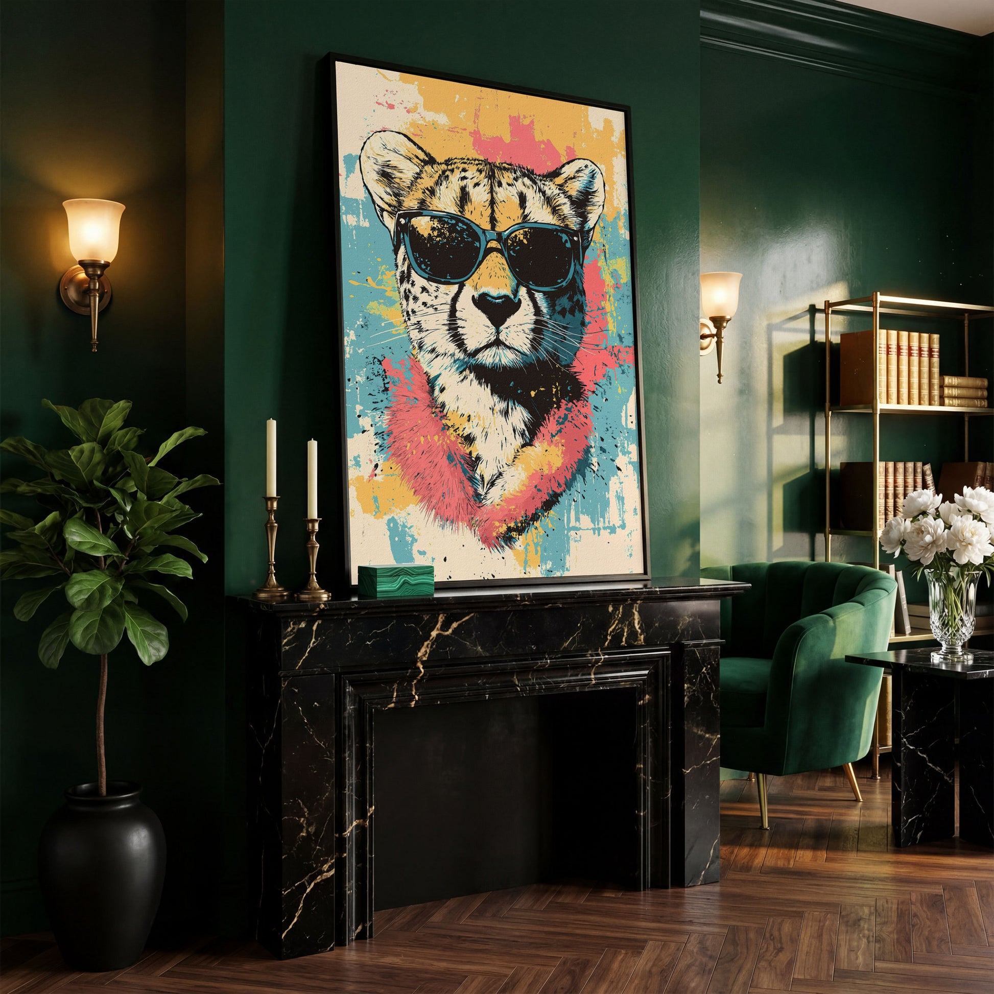 Stylish Cheetah with Sunglasses and Pastel Splatter Canvas in black floating frame