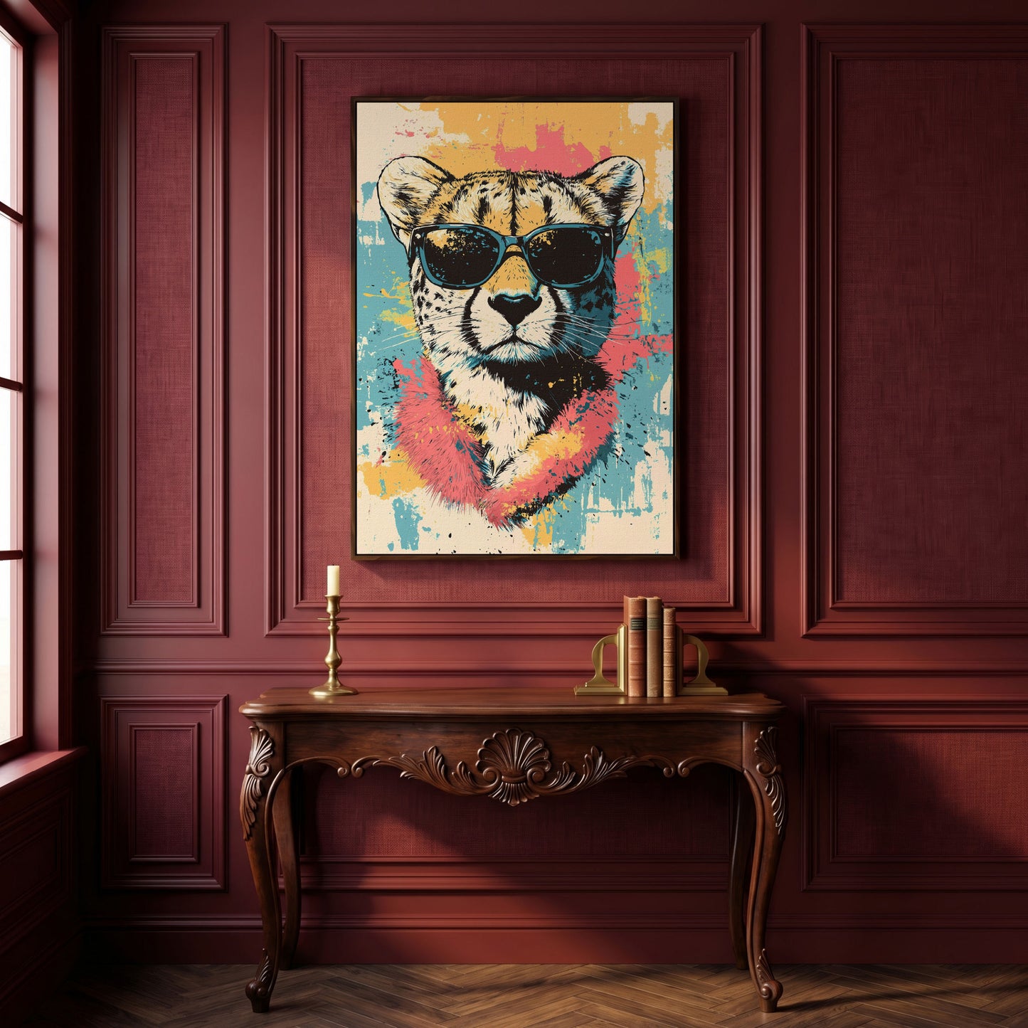 Stylish Cheetah with Sunglasses and Pastel Splatter Canvas in dark walnut floating frame