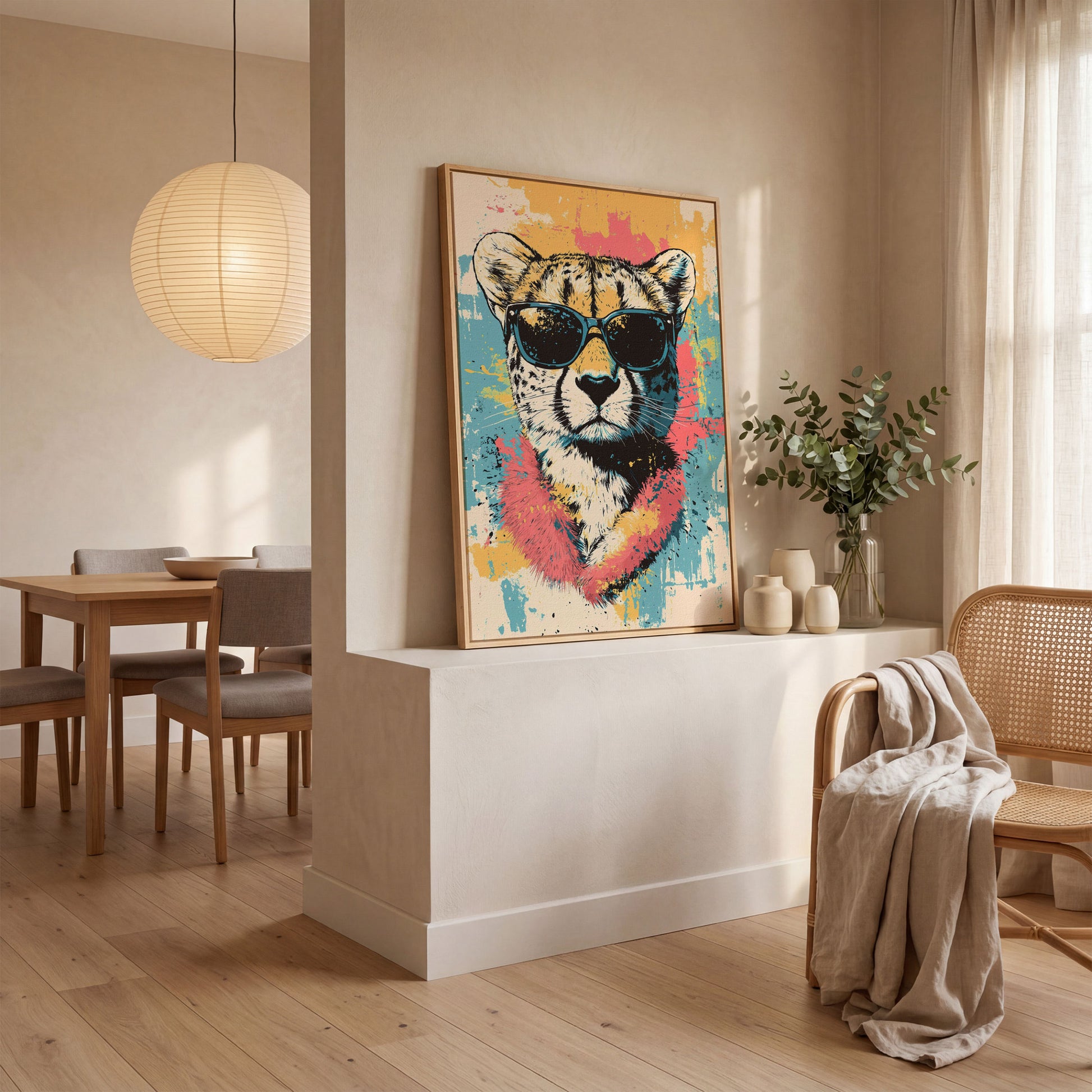 Stylish Cheetah with Sunglasses and Pastel Splatter Canvas in white oak floating frame