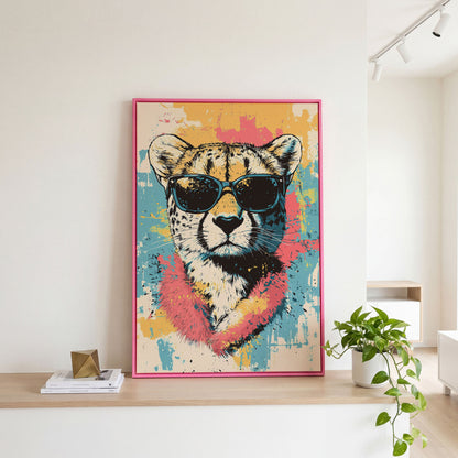 Stylish Cheetah with Sunglasses and Pastel Splatter Canvas in pink floating frame