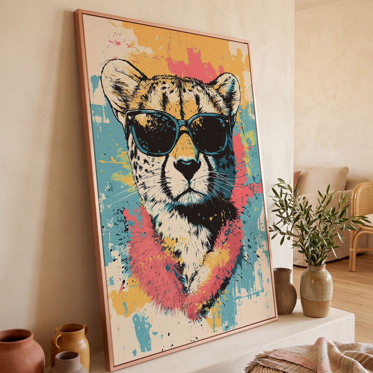 Stylish Cheetah with Sunglasses and Pastel Splatter Canvas in rose gold floating frame