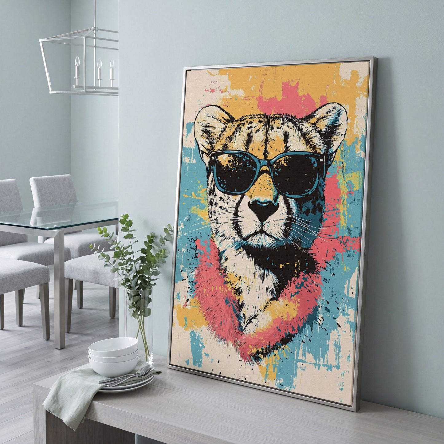 Stylish Cheetah with Sunglasses and Pastel Splatter Canvas in silver floating frame