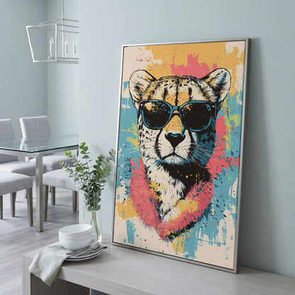 Stylish Cheetah with Sunglasses and Pastel Splatter Canvas in silver floating frame