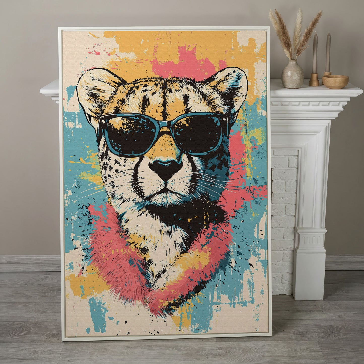 Stylish Cheetah with Sunglasses and Pastel Splatter Canvas in white floating frame