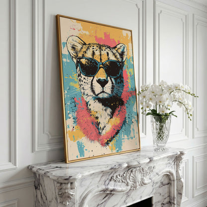 Stylish Cheetah with Sunglasses and Pastel Splatter Canvas in yellow gold floating frame