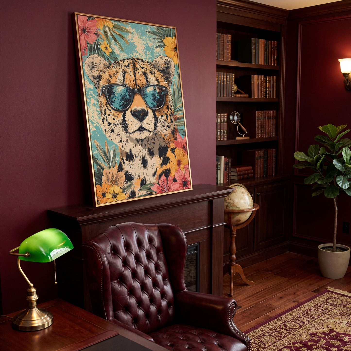Whimsical Cheetah with Sunglasses Canvas Print in antique gold floating frame