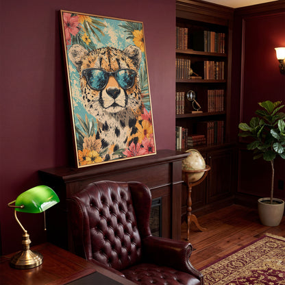 Whimsical Cheetah with Sunglasses Canvas Print in antique gold floating frame