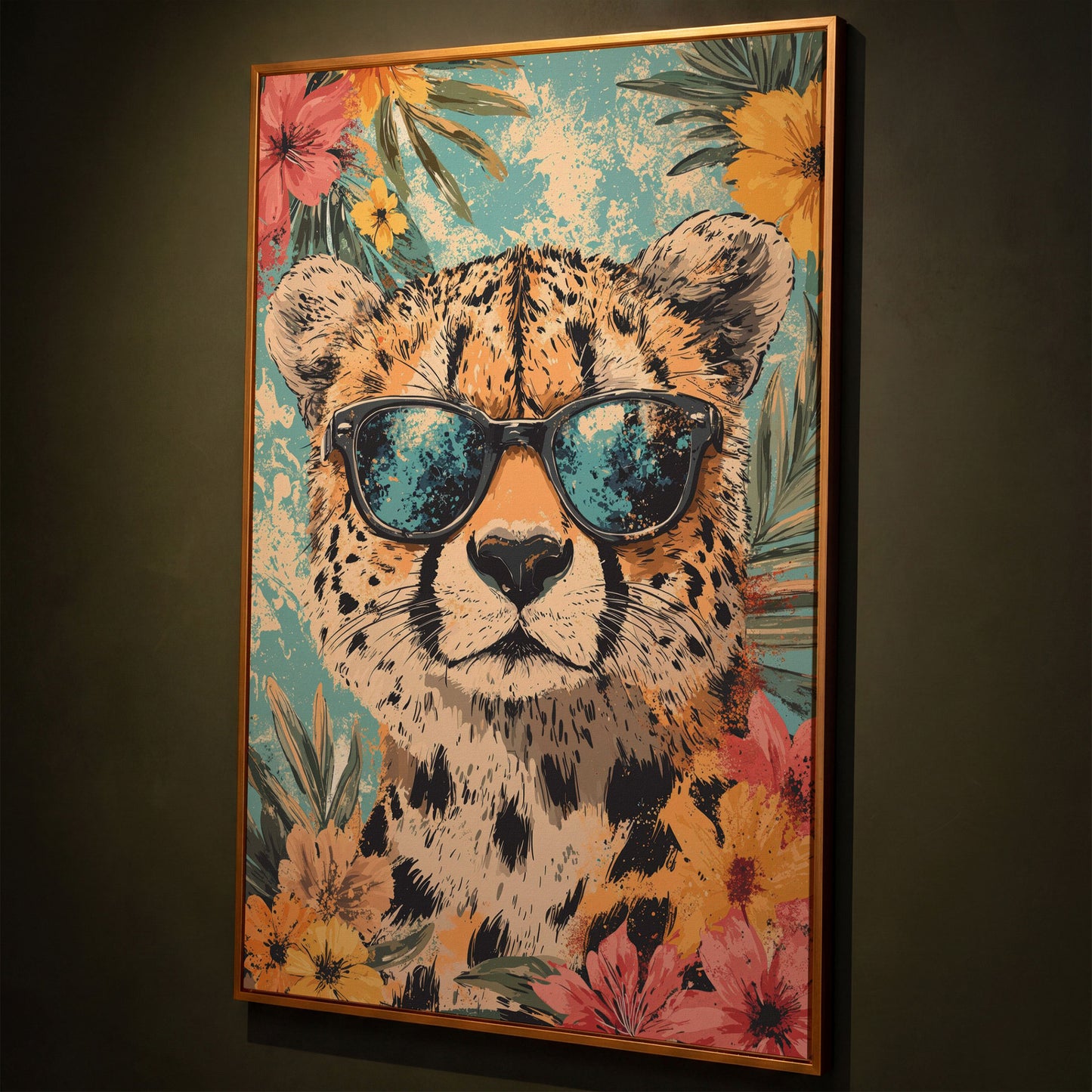 Whimsical Cheetah with Sunglasses Canvas Print shown in antique gold floating frame