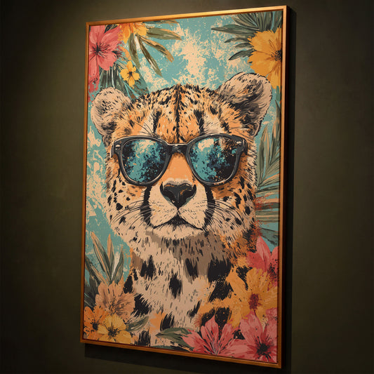 Whimsical Cheetah with Sunglasses Canvas Print shown in antique gold floating frame