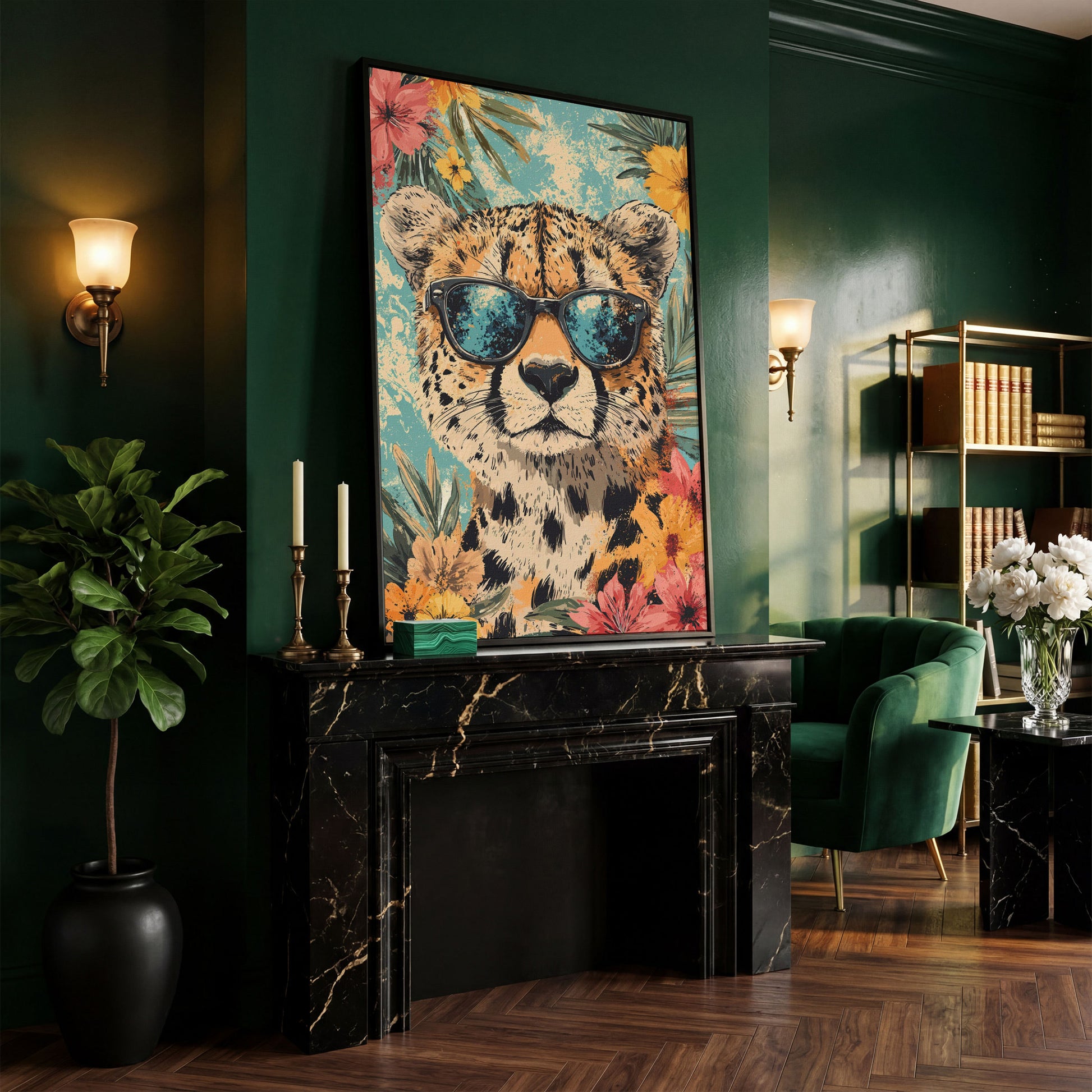 Whimsical Cheetah with Sunglasses Canvas Print in black floating frame