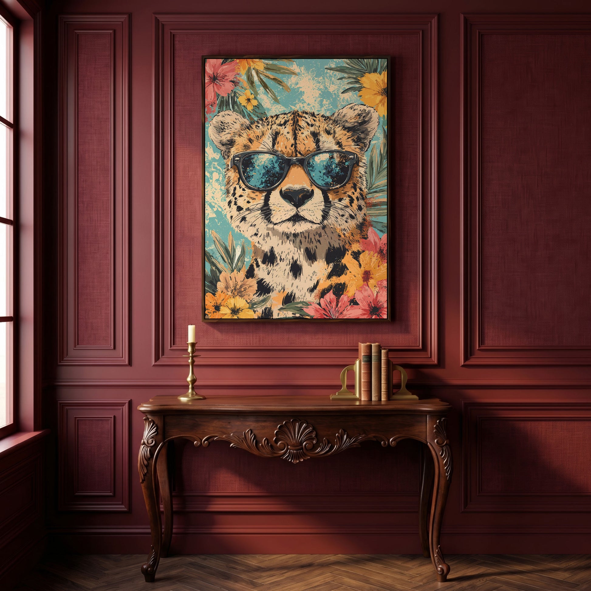 Whimsical Cheetah with Sunglasses Canvas Print in dark walnut floating frame
