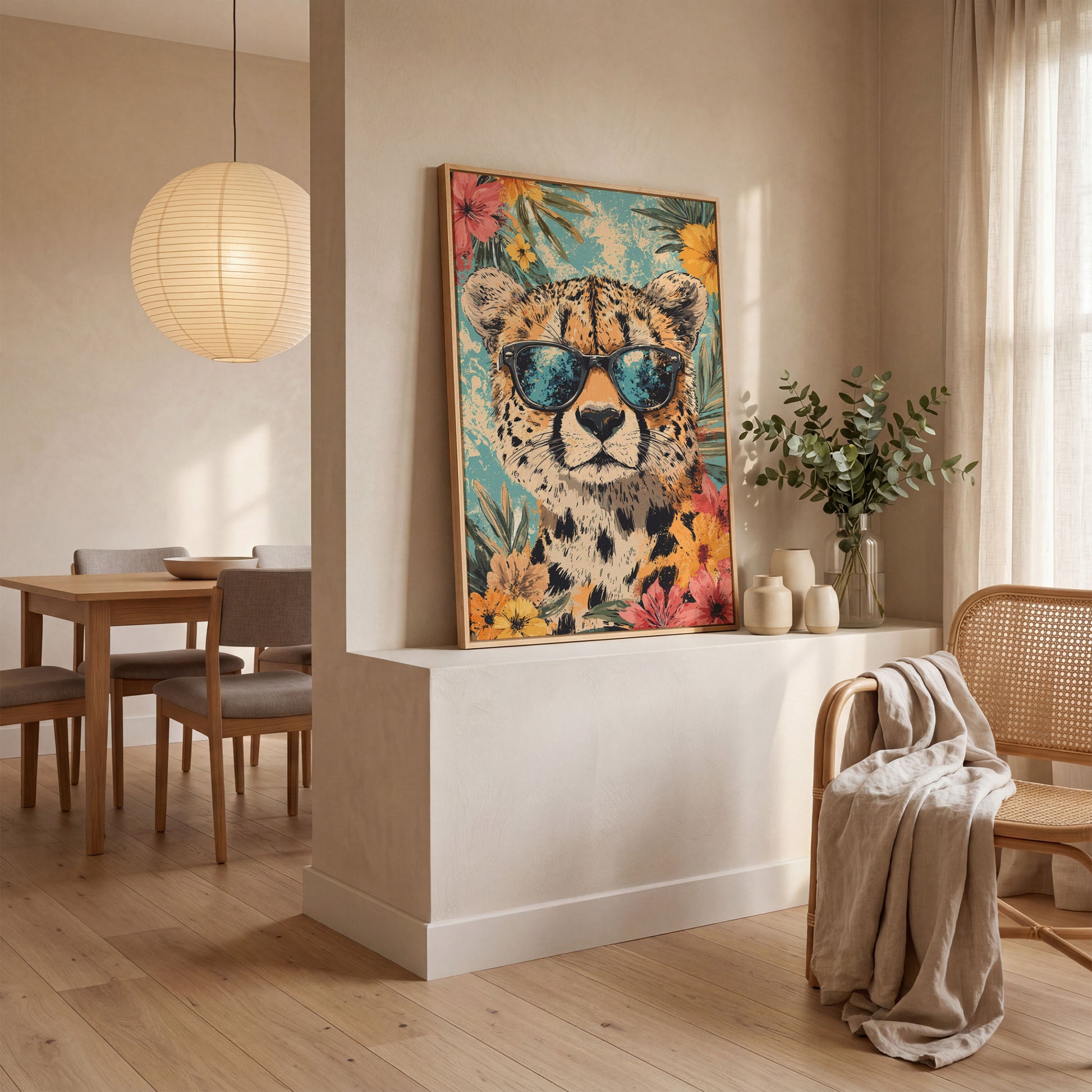 Whimsical Cheetah with Sunglasses Canvas Print in white oak floating frame