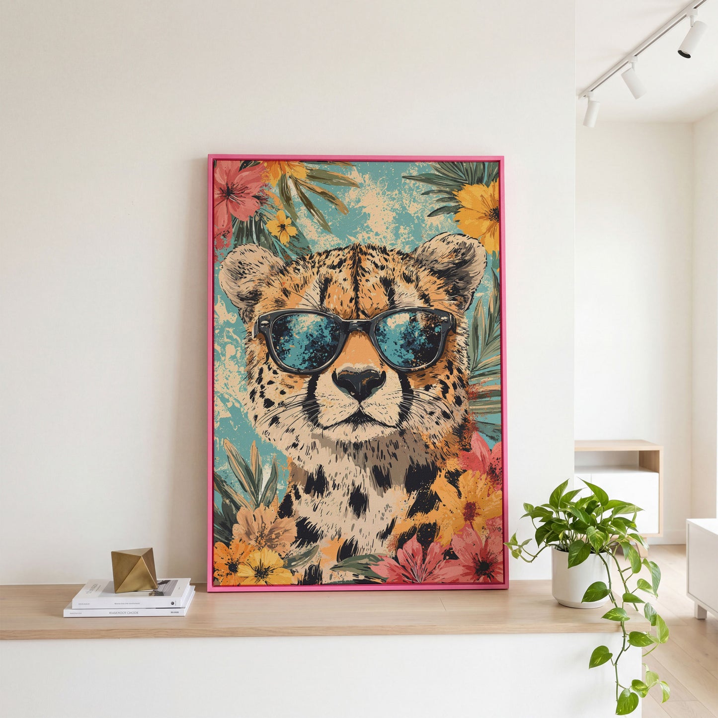 Whimsical Cheetah with Sunglasses Canvas Print in pink floating frame
