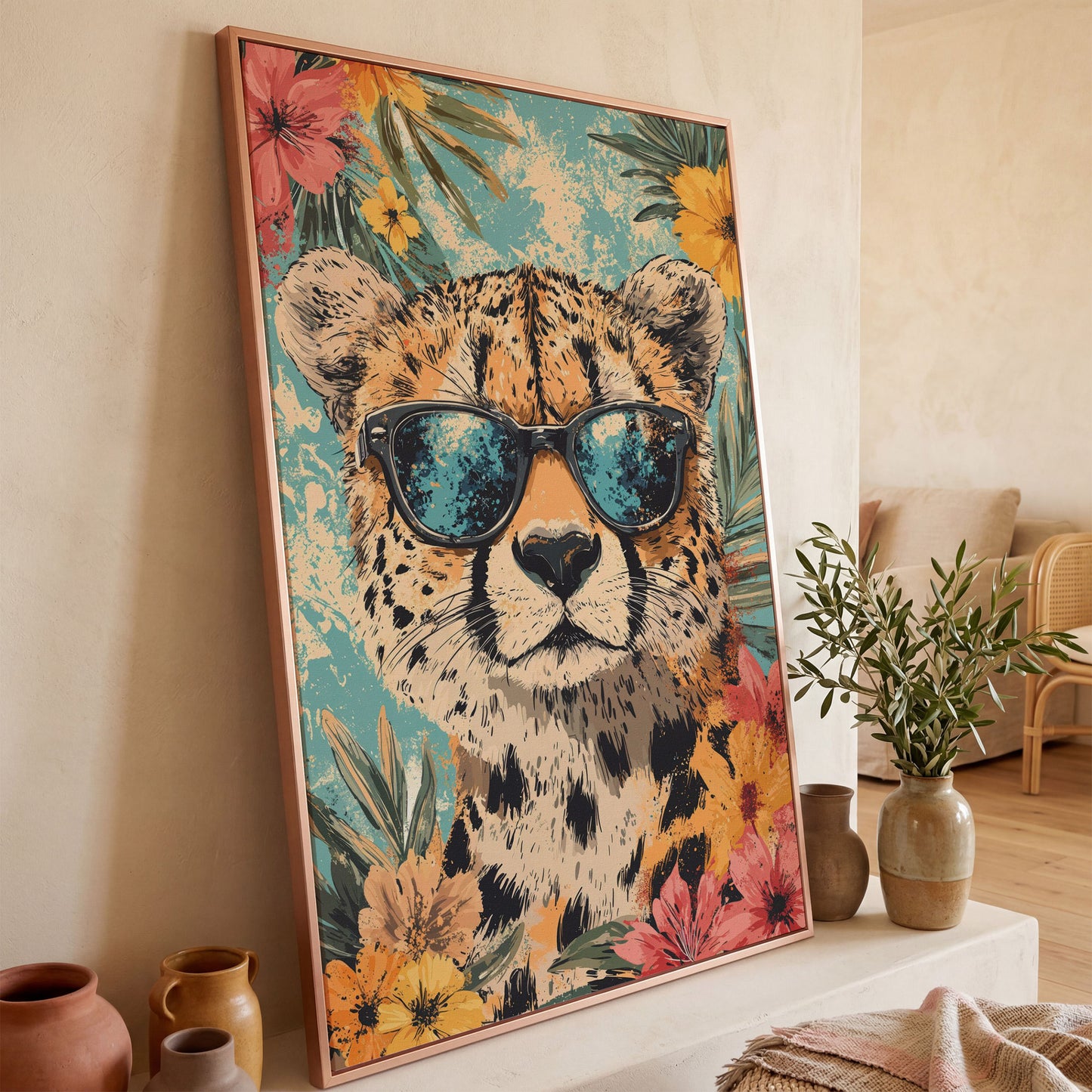 Whimsical Cheetah with Sunglasses Canvas Print in rose gold floating frame