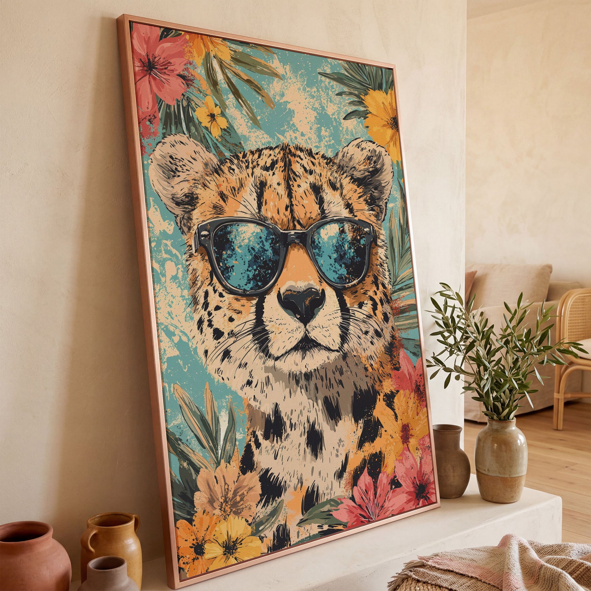 Whimsical Cheetah with Sunglasses Canvas Print in rose gold floating frame
