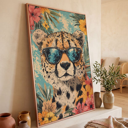 Whimsical Cheetah with Sunglasses Canvas Print in rose gold floating frame