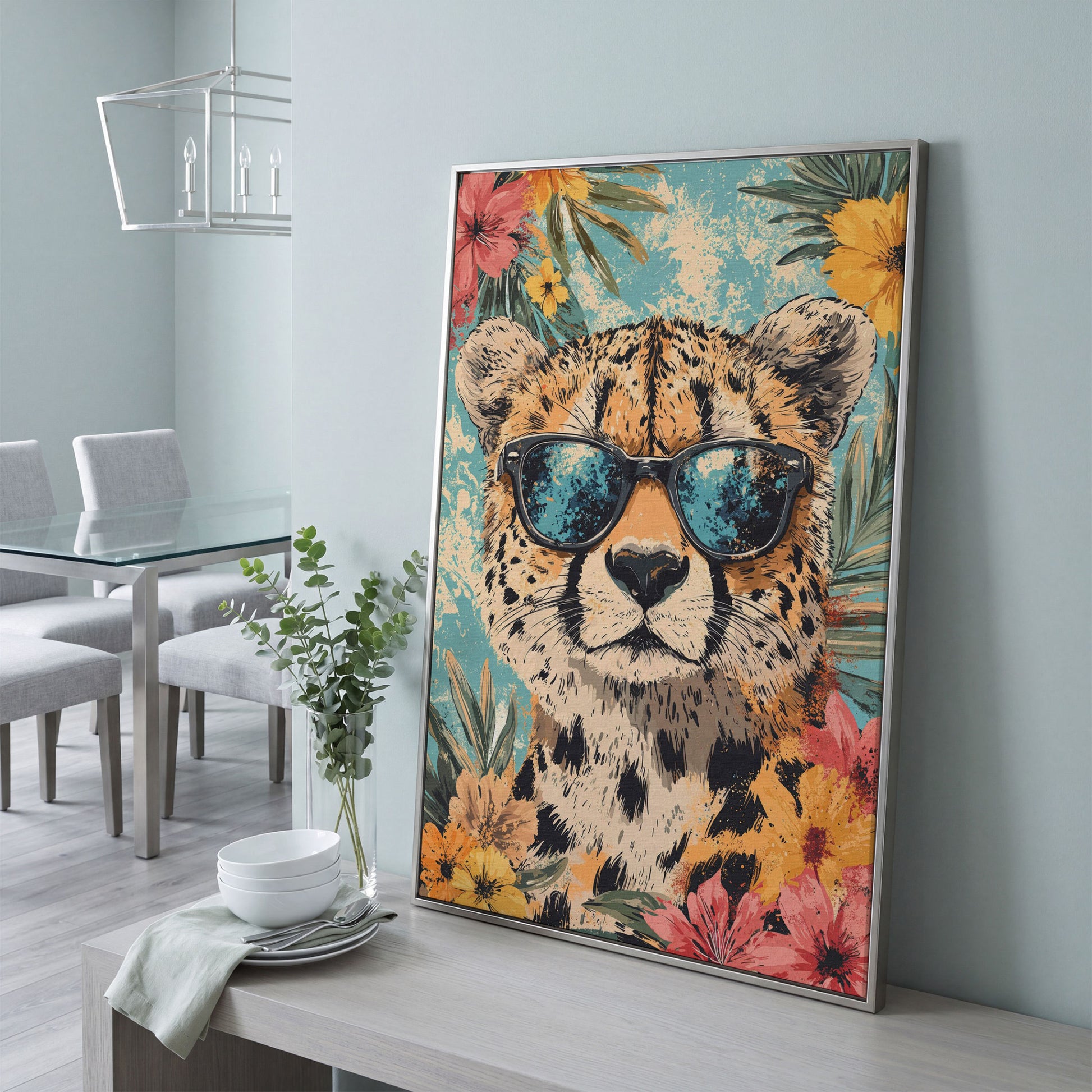 Whimsical Cheetah with Sunglasses Canvas Print in silver floating frame
