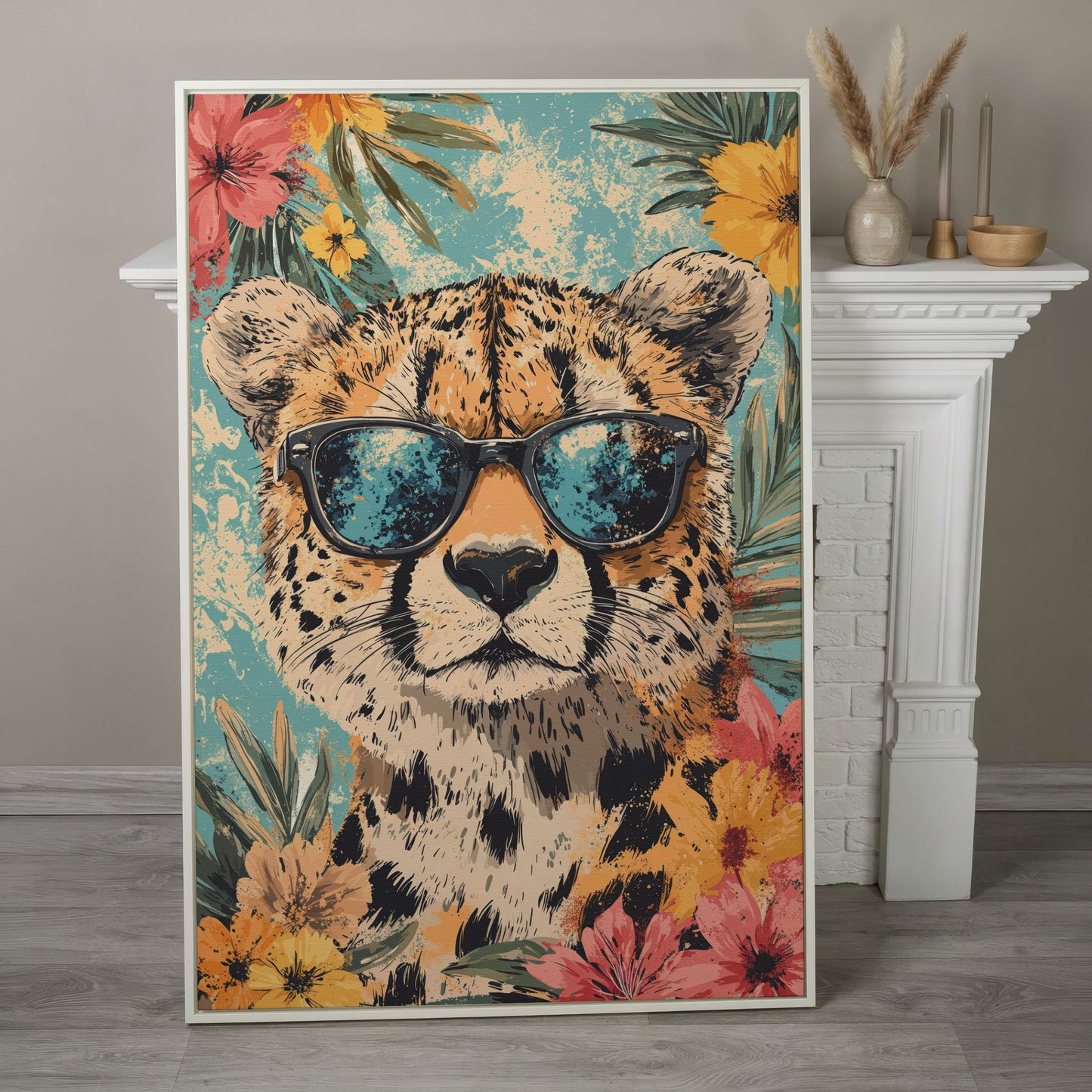Whimsical Cheetah with Sunglasses Canvas Print in white floating frame
