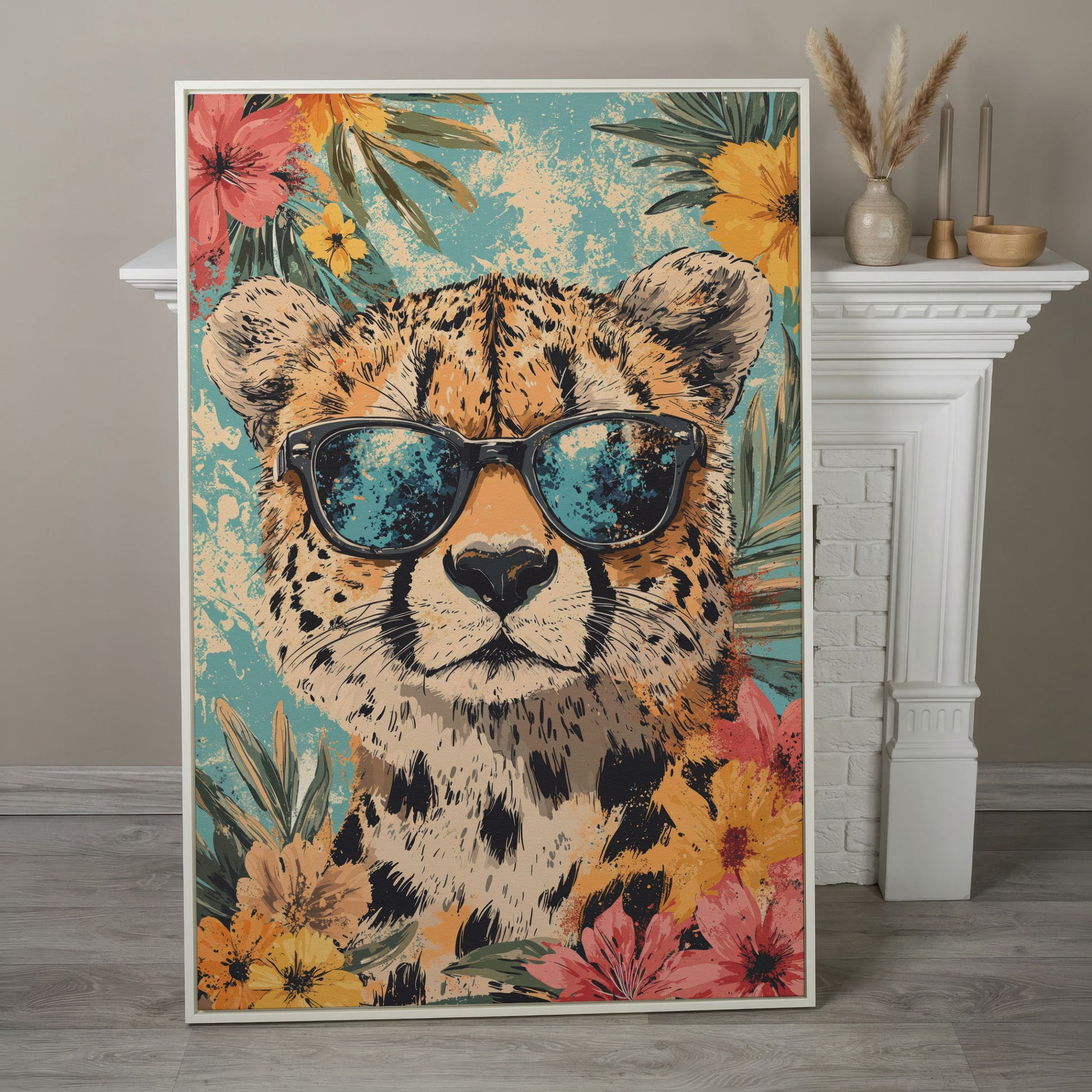 Whimsical Cheetah with Sunglasses Canvas Print in white floating frame