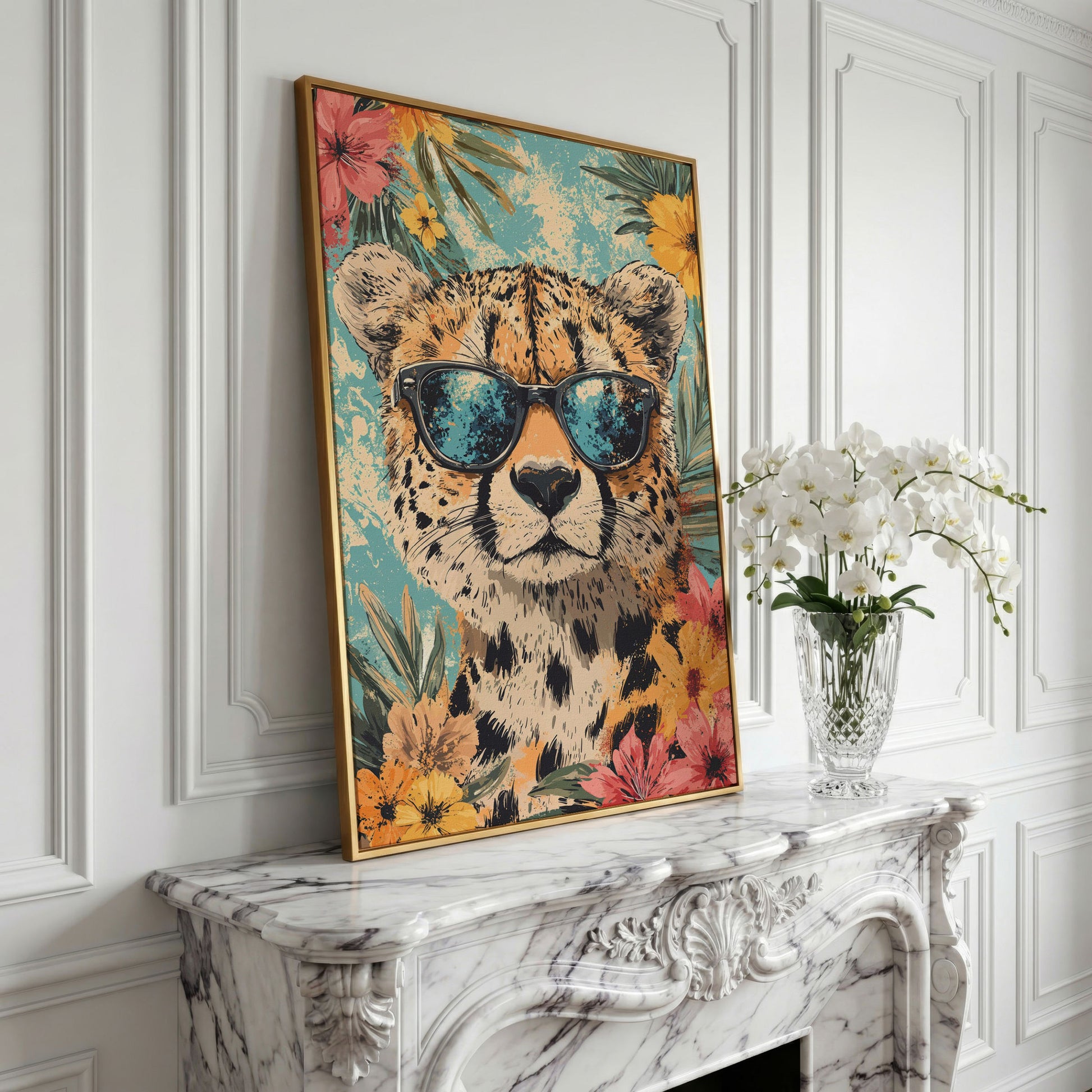 Whimsical Cheetah with Sunglasses Canvas Print in yellow gold floating frame