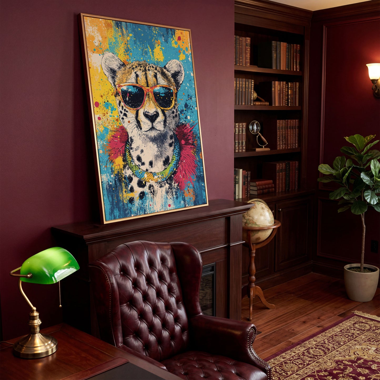 Cheetah in Sunglasses, Graffiti Pop Canvas in antique gold floating frame