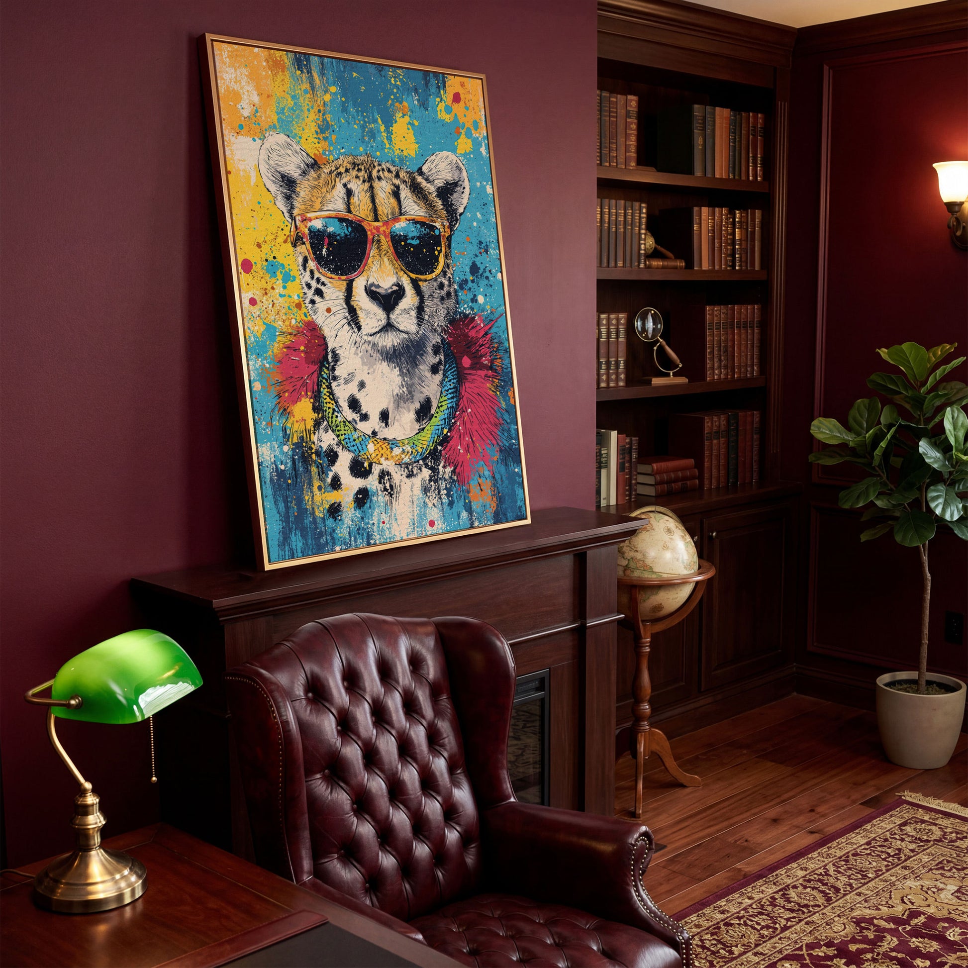 Cheetah in Sunglasses, Graffiti Pop Canvas in antique gold floating frame