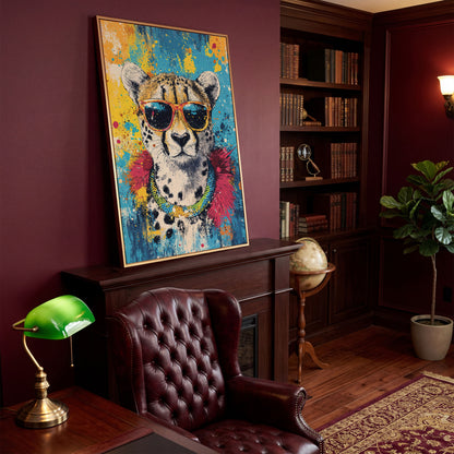 Cheetah in Sunglasses, Graffiti Pop Canvas in antique gold floating frame