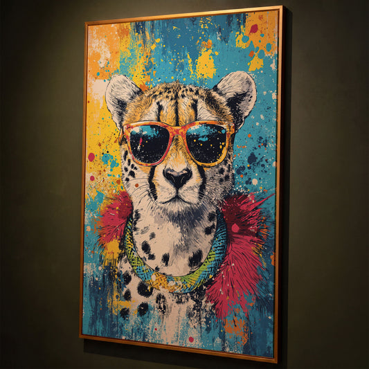 Cheetah in Sunglasses, Graffiti Pop Canvas shown in antique gold floating frame
