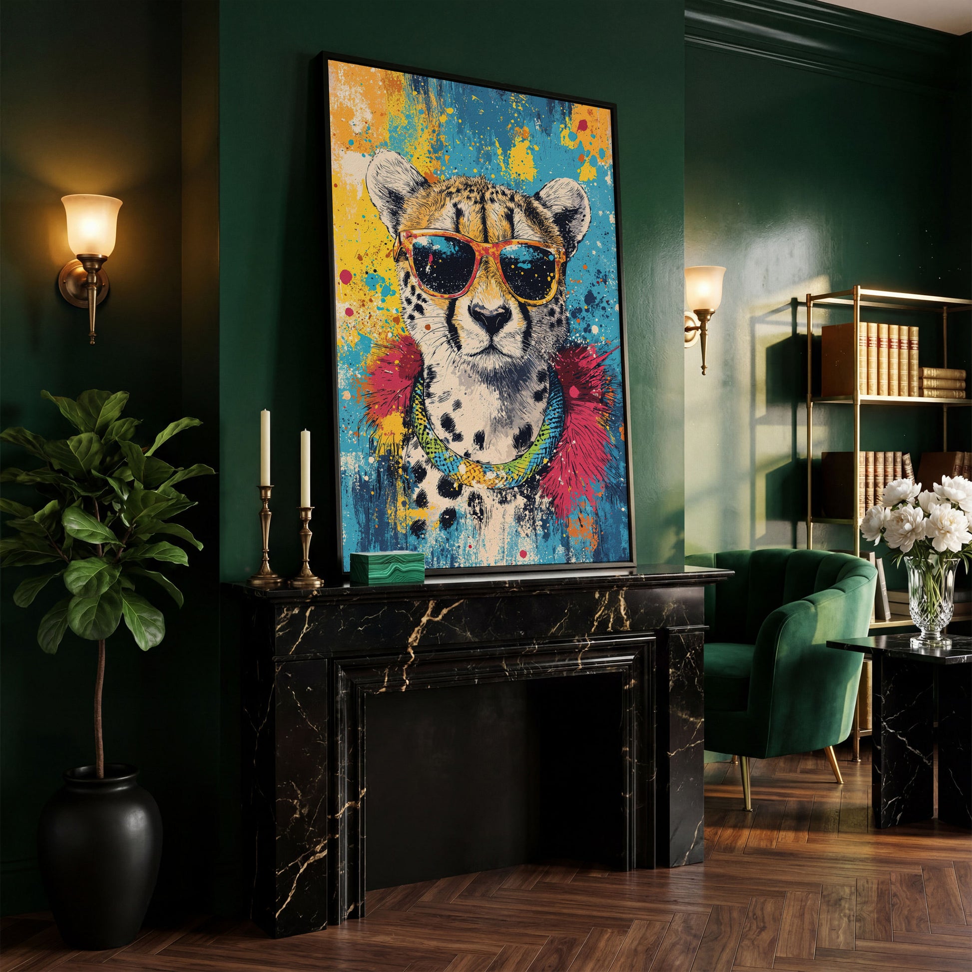Cheetah in Sunglasses, Graffiti Pop Canvas in black floating frame