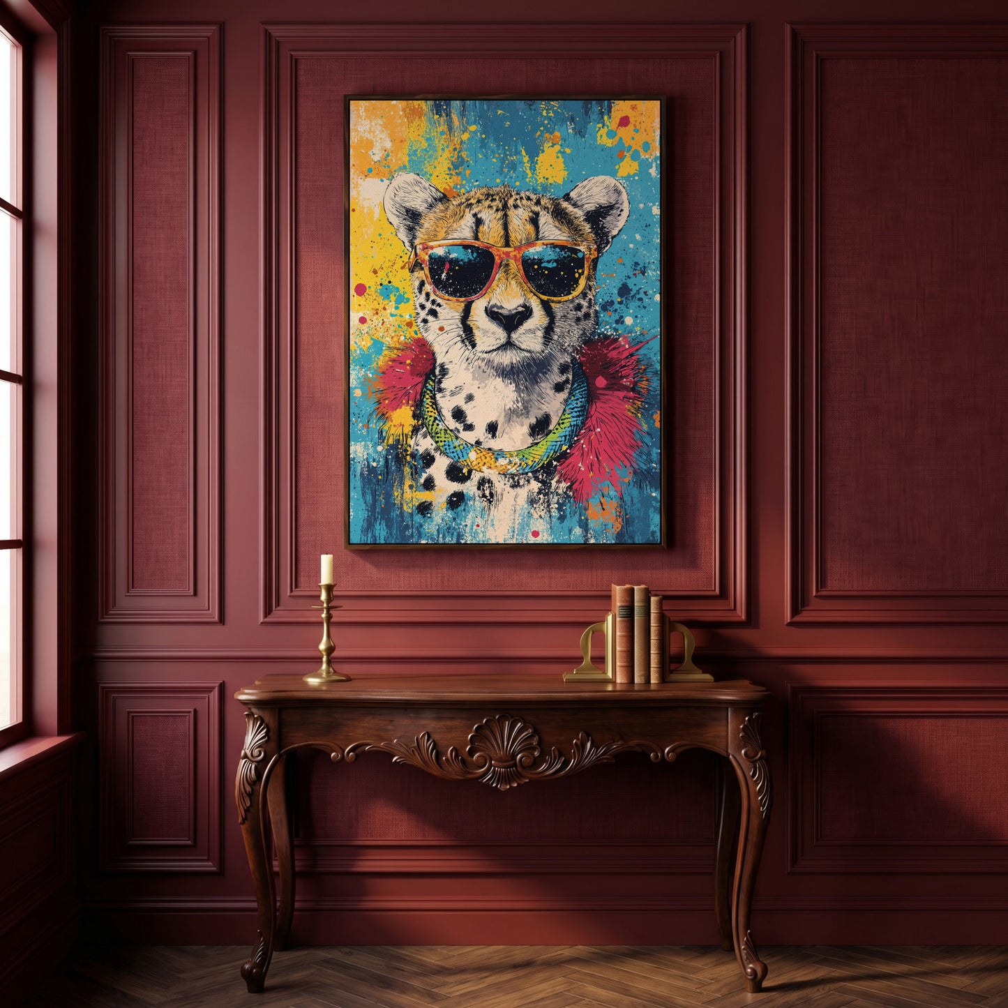 Cheetah in Sunglasses, Graffiti Pop Canvas in dark walnut floating frame