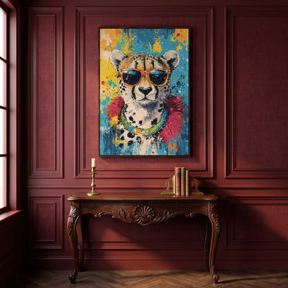 Cheetah in Sunglasses, Graffiti Pop Canvas in dark walnut floating frame