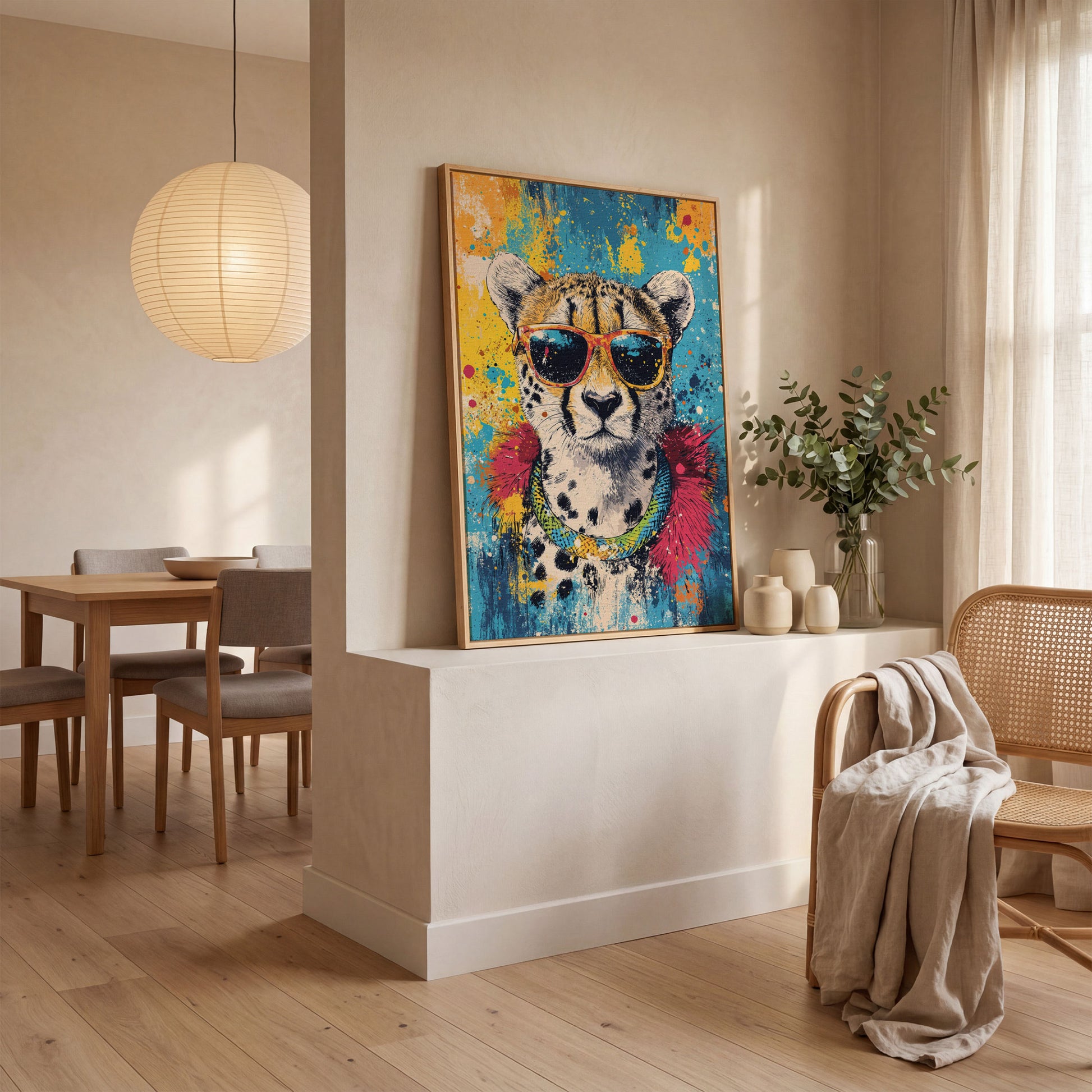 Cheetah in Sunglasses, Graffiti Pop Canvas in white oak floating frame