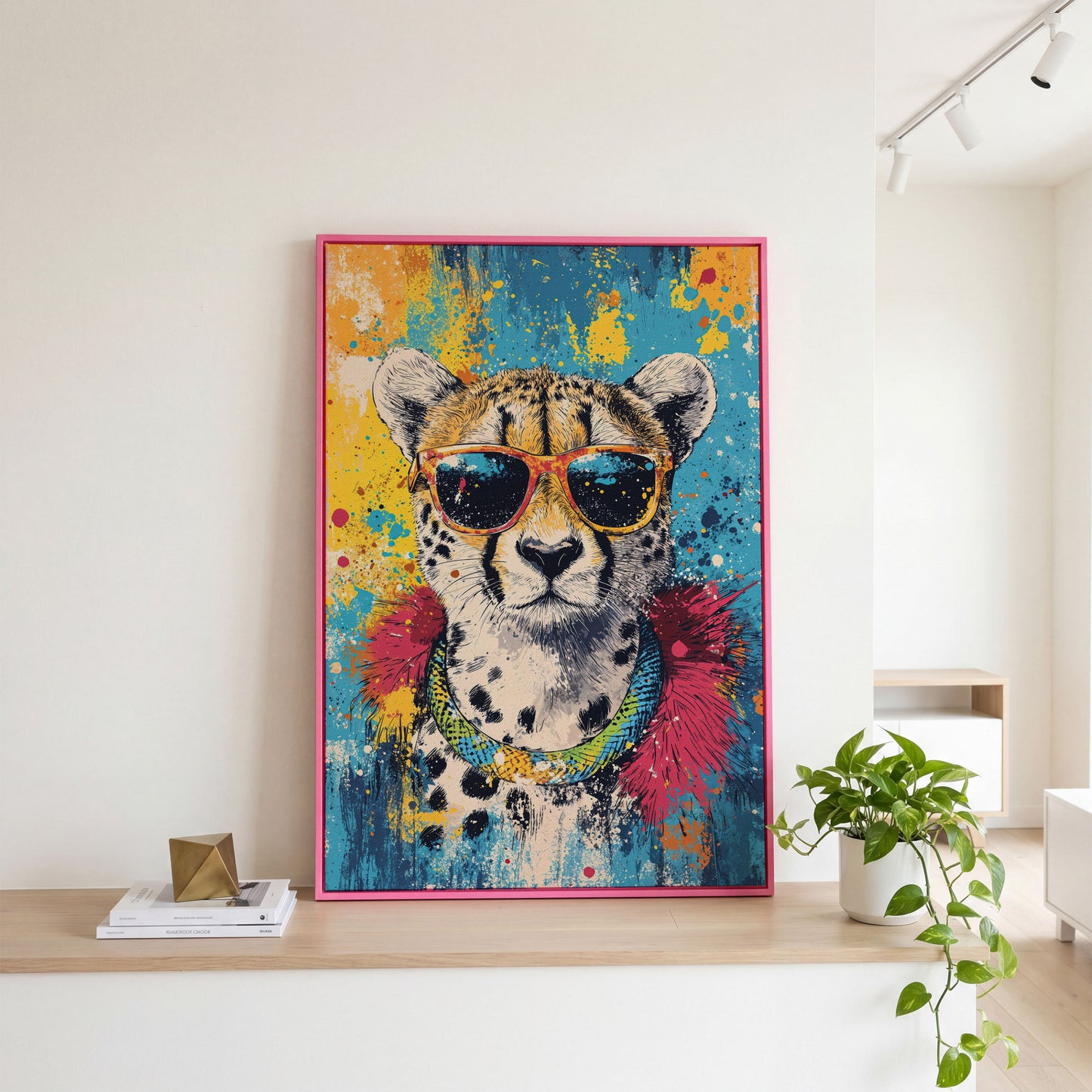 Cheetah in Sunglasses, Graffiti Pop Canvas in pink floating frame