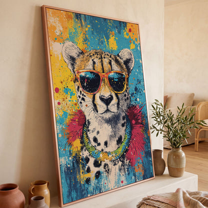 Cheetah in Sunglasses, Graffiti Pop Canvas in rose gold floating frame