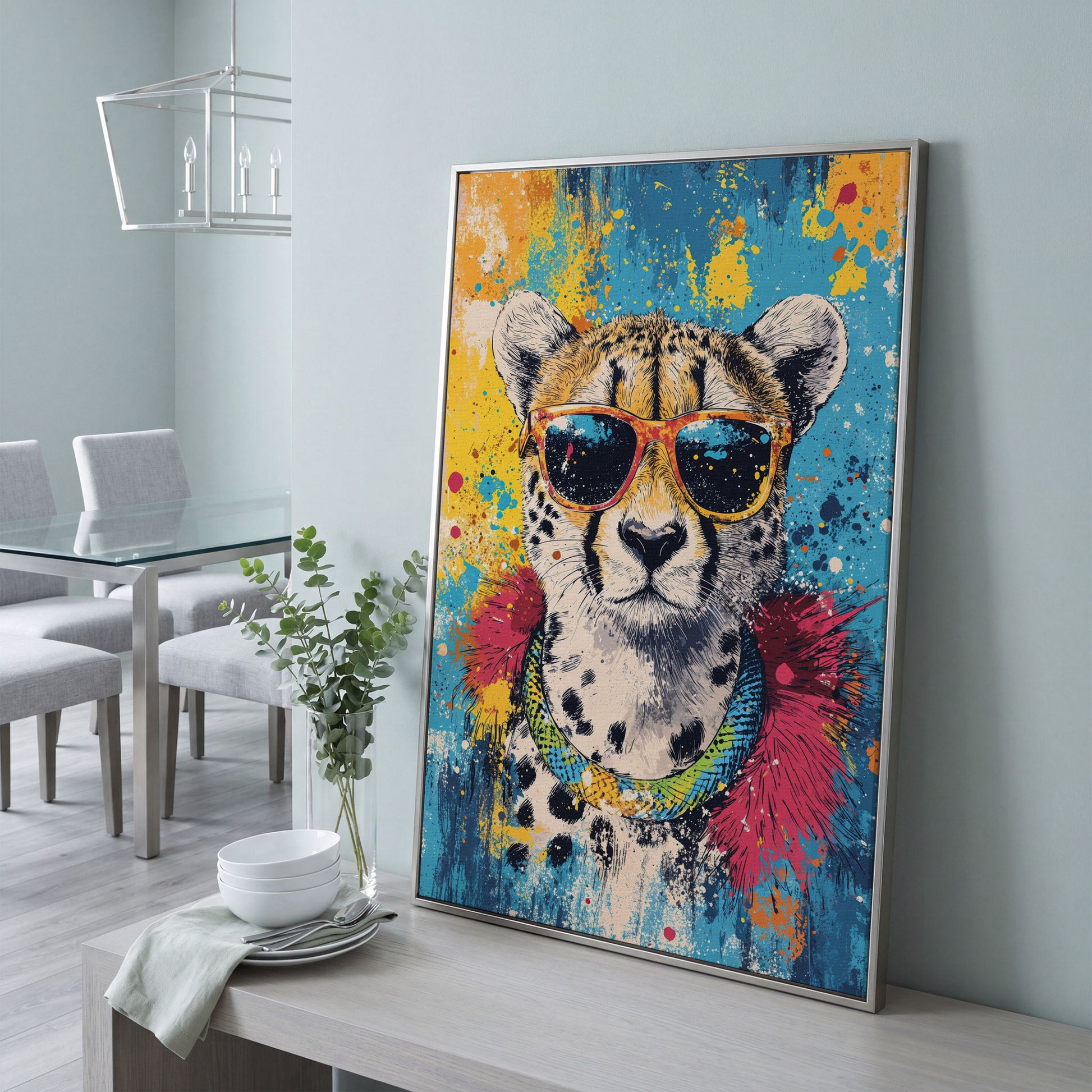 Cheetah in Sunglasses, Graffiti Pop Canvas in silver floating frame