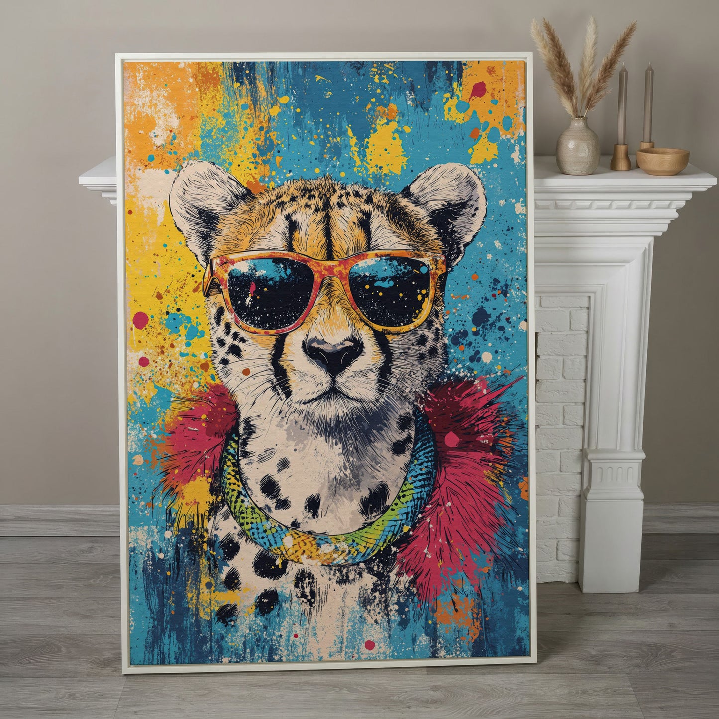 Cheetah in Sunglasses, Graffiti Pop Canvas in white floating frame