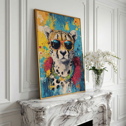 Cheetah in Sunglasses, Graffiti Pop Canvas in yellow gold floating frame