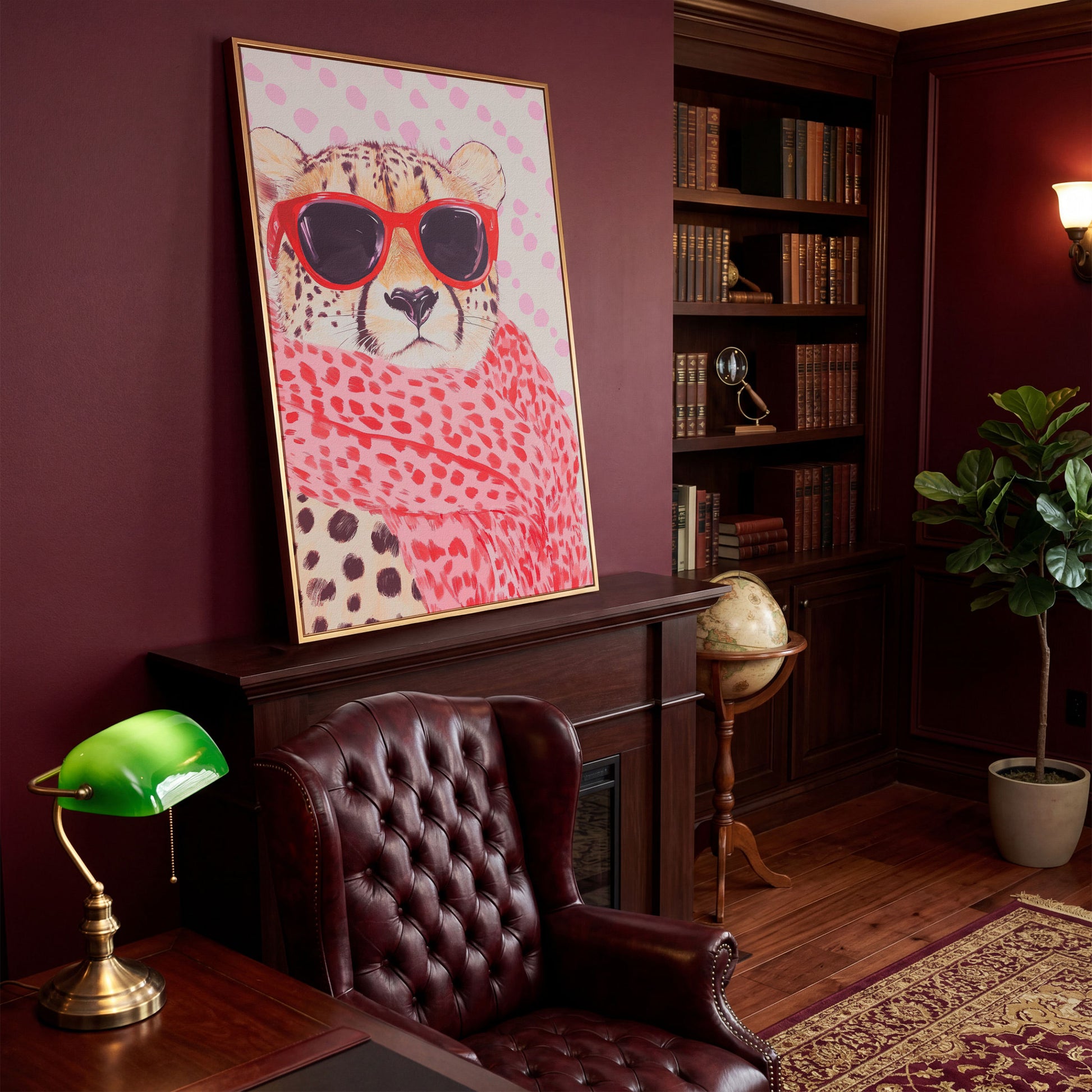 Cheetah in Sunglasses Canvas. Pink Pop Animal Art in antique gold floating frame