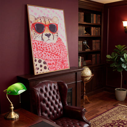 Cheetah in Sunglasses Canvas. Pink Pop Animal Art in antique gold floating frame