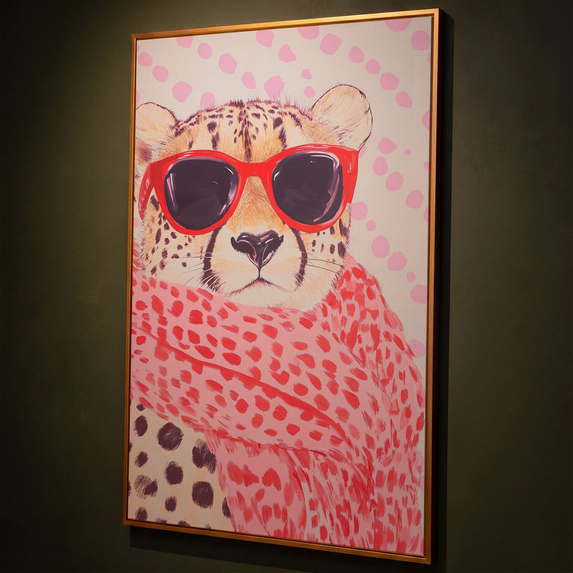 Cheetah in Sunglasses Canvas. Pink Pop Animal Art shown in antique gold floating frame