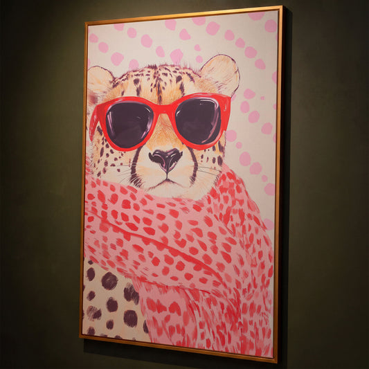 Cheetah in Sunglasses Canvas. Pink Pop Animal Art shown in antique gold floating frame