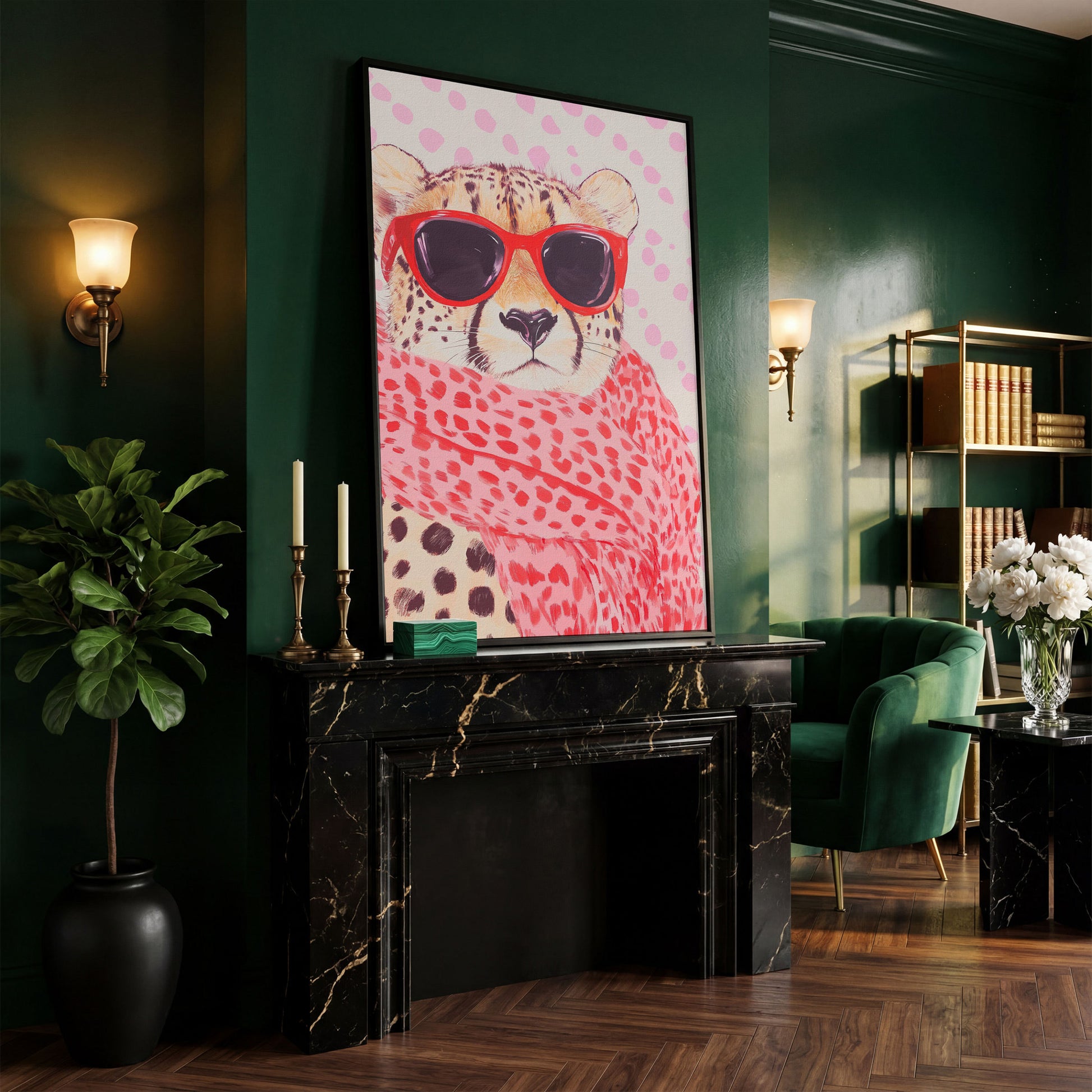 Cheetah in Sunglasses Canvas. Pink Pop Animal Art in black floating frame