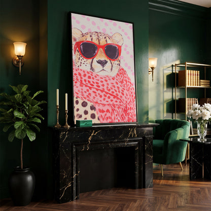 Cheetah in Sunglasses Canvas. Pink Pop Animal Art in black floating frame