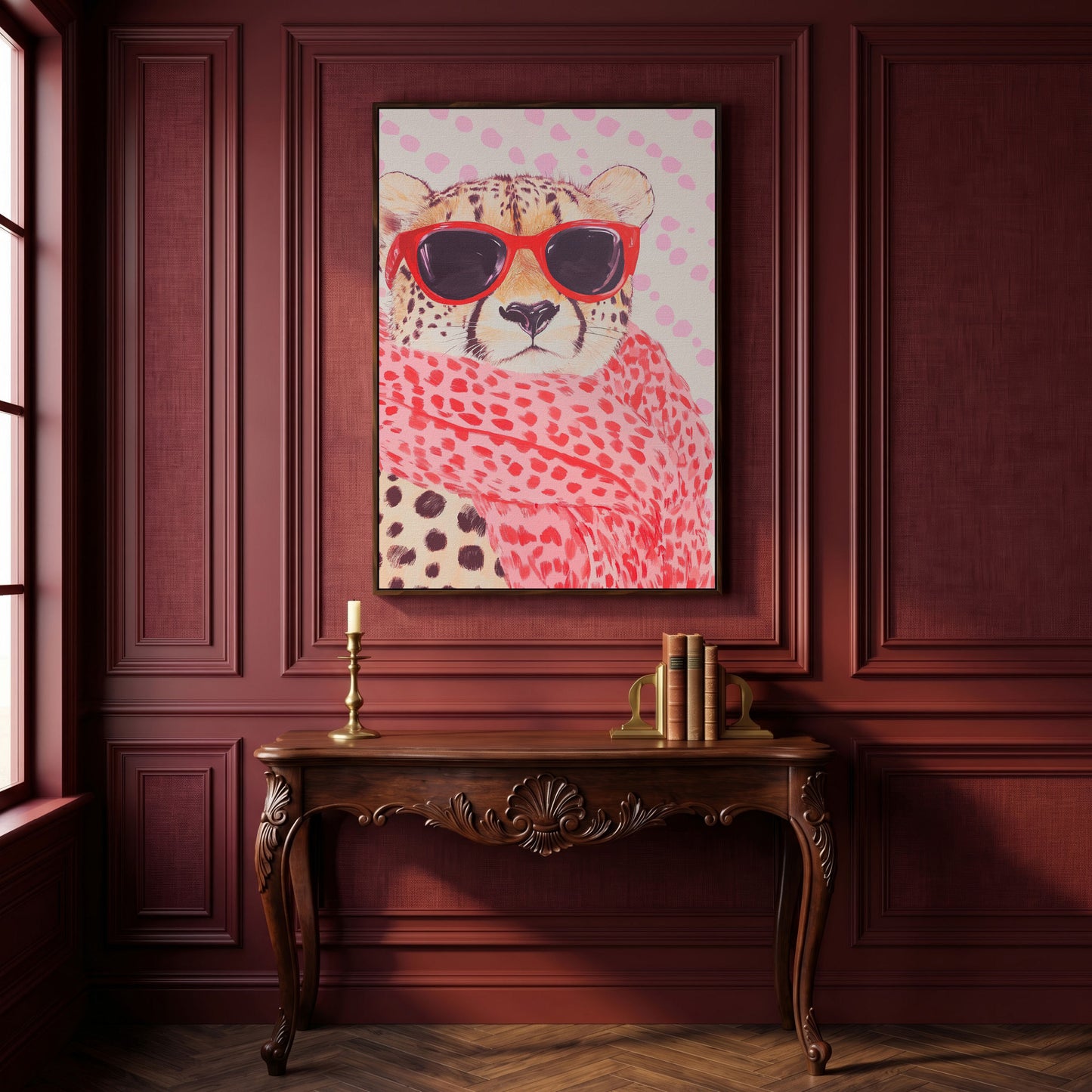 Cheetah in Sunglasses Canvas. Pink Pop Animal Art in dark walnut floating frame