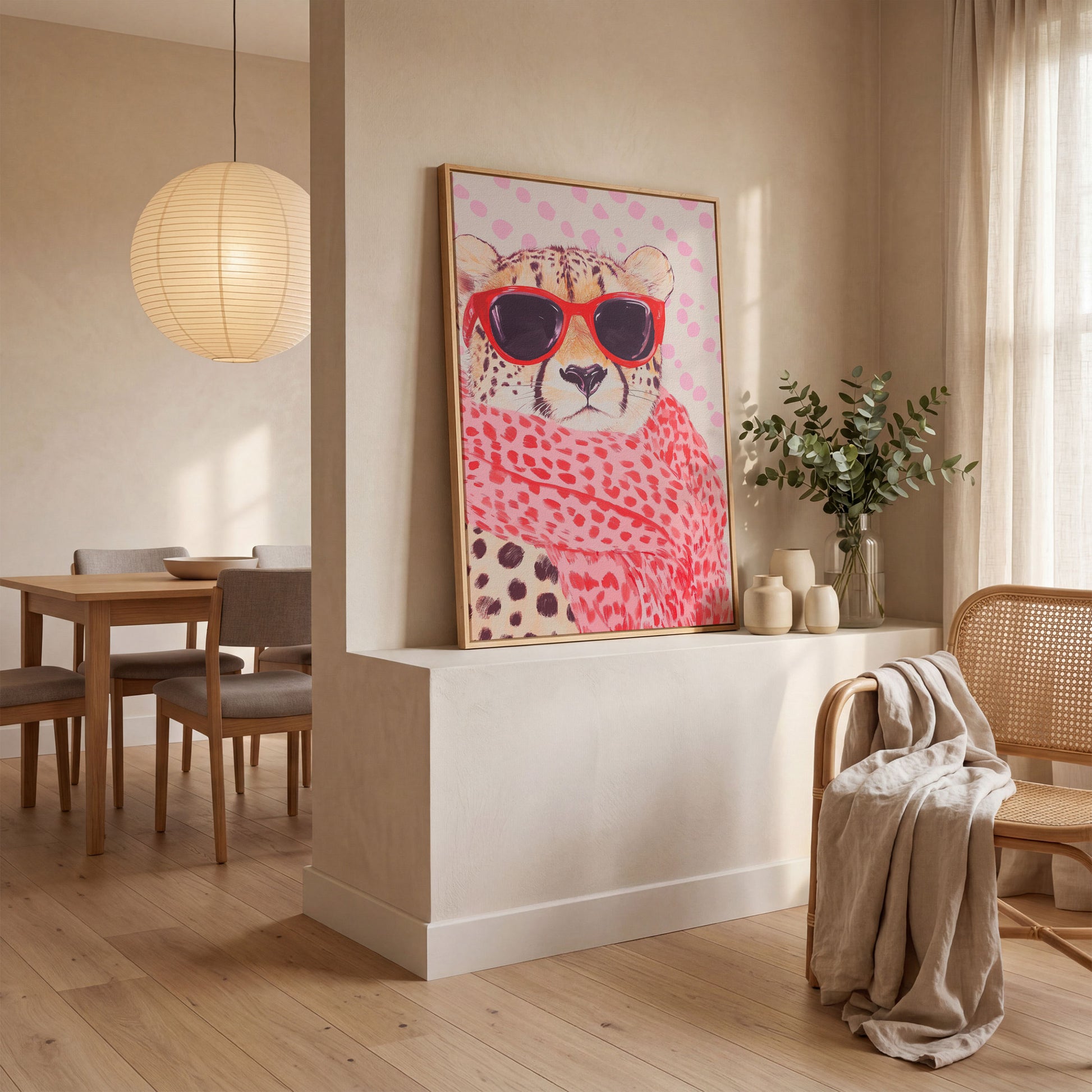 Cheetah in Sunglasses Canvas. Pink Pop Animal Art in white oak floating frame