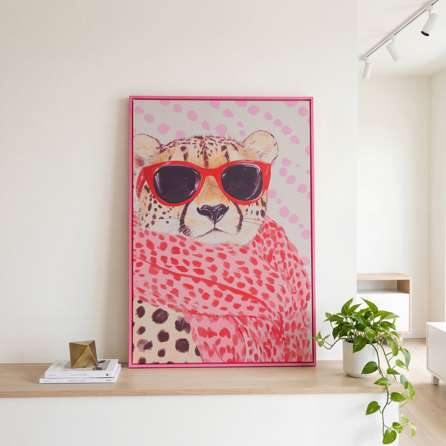 Cheetah in Sunglasses Canvas. Pink Pop Animal Art in pink floating frame